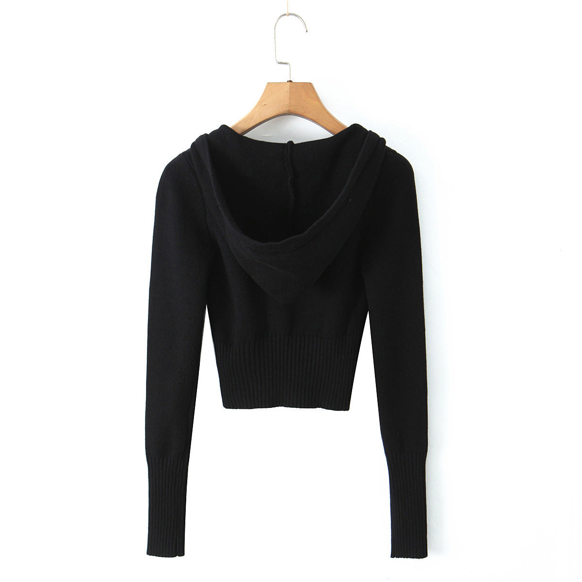 Elastic slim fit drawstring hooded zipper top