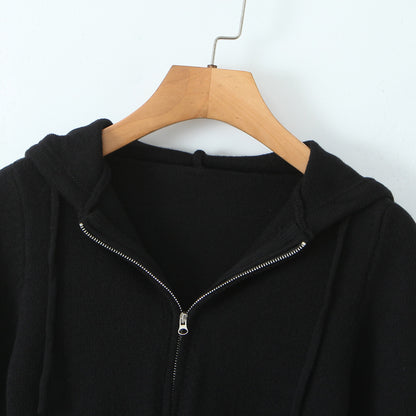 Elastic slim fit drawstring hooded zipper top
