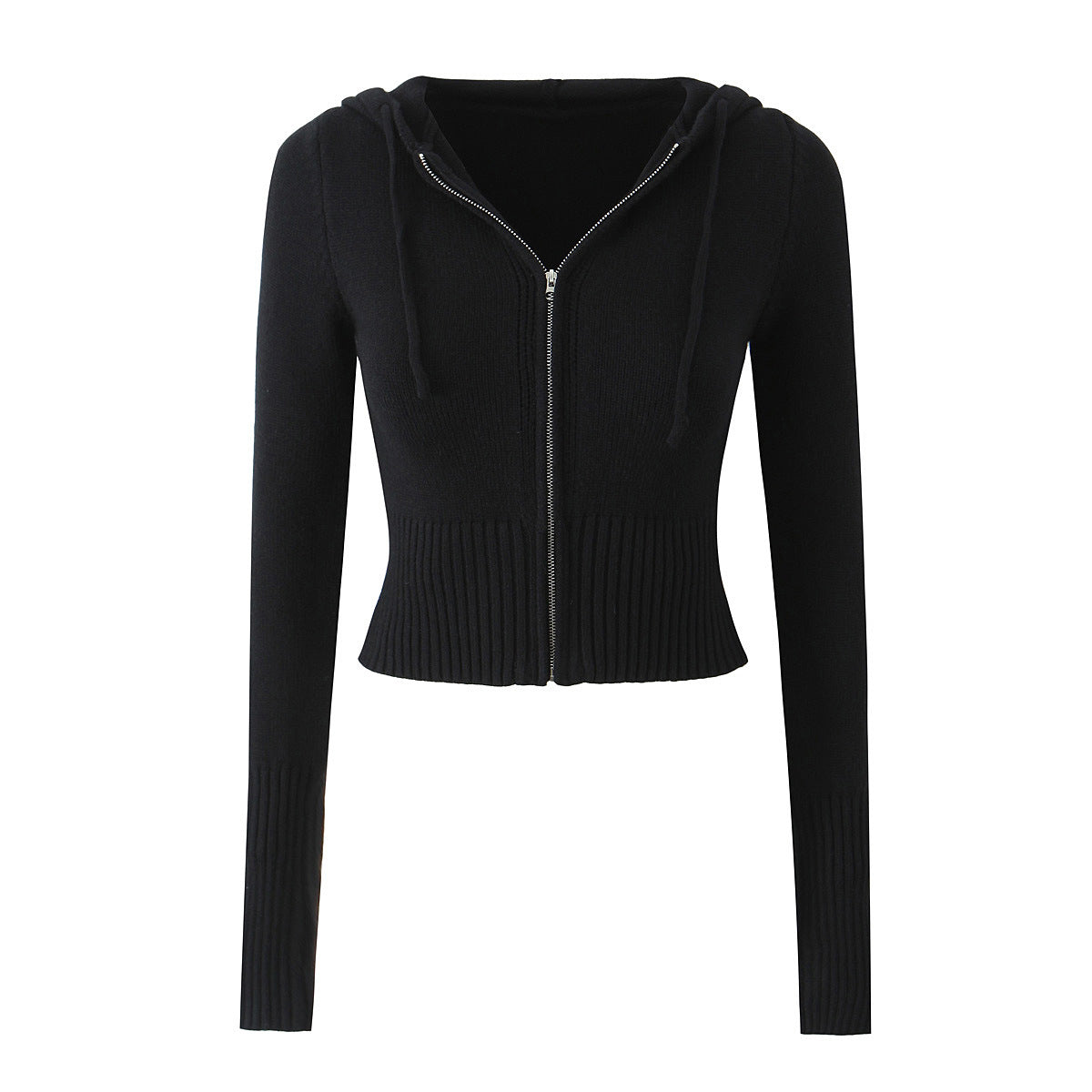 Elastic slim fit drawstring hooded zipper top
