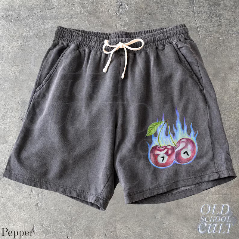 Cherry 7 Ball Y2k Fleece Sweat Shorts, Retro Washed Sport Shorts