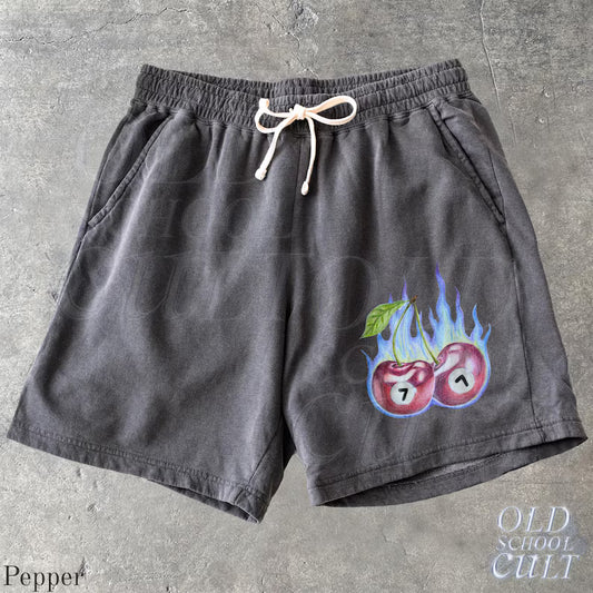 Cherry 7 Ball Y2k Fleece Sweat Shorts, Retro Washed Sport Shorts