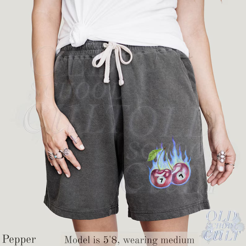 Cherry 7 Ball Y2k Fleece Sweat Shorts, Retro Washed Sport Shorts