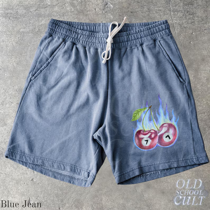 Cherry 7 Ball Y2k Fleece Sweat Shorts, Retro Washed Sport Shorts