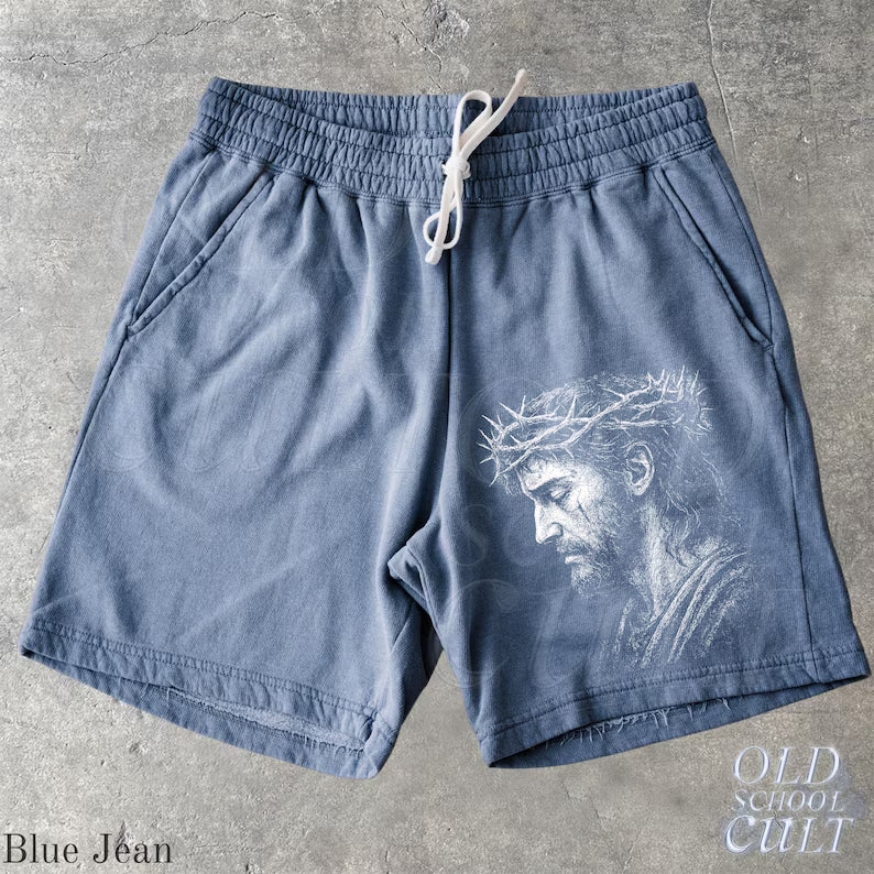 Jesus Portrait Y2k Fleece Sweat Shorts, Retro Crown of Thorns Washed Sport Shorts, Grunge Dyed Pants
