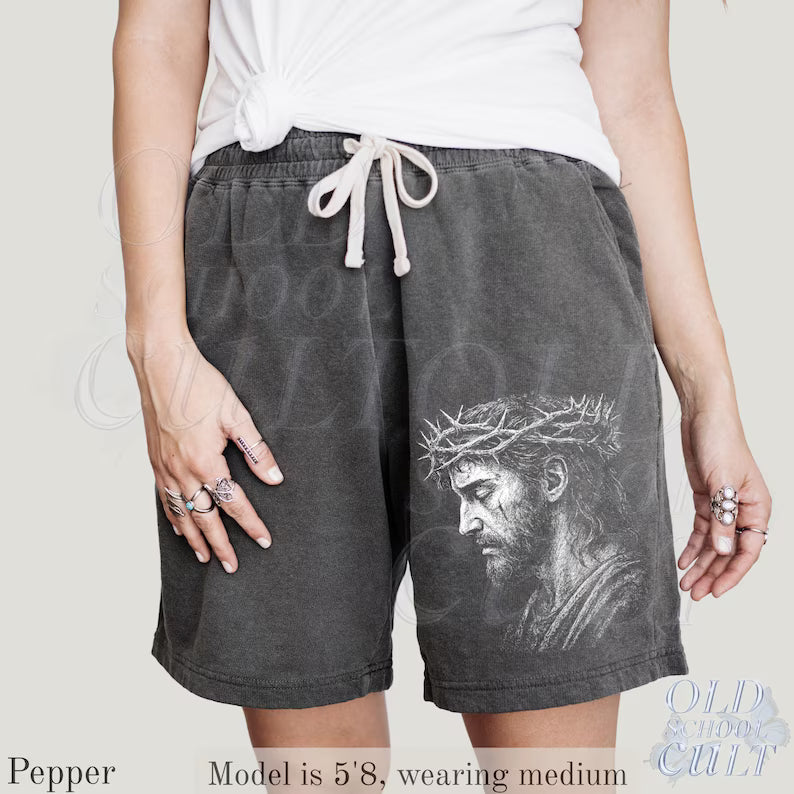 Jesus Portrait Y2k Fleece Sweat Shorts, Retro Crown of Thorns Washed Sport Shorts, Grunge Dyed Pants