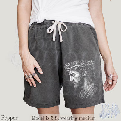 Jesus Portrait Y2k Fleece Sweat Shorts, Retro Crown of Thorns Washed Sport Shorts, Grunge Dyed Pants