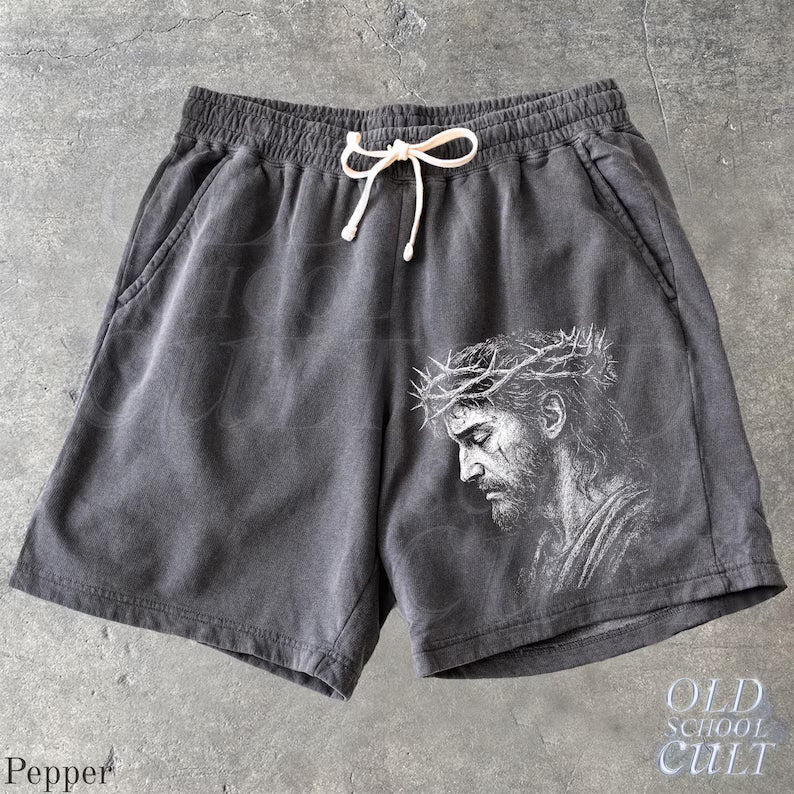 Jesus Portrait Y2k Fleece Sweat Shorts, Retro Crown of Thorns Washed Sport Shorts, Grunge Dyed Pants