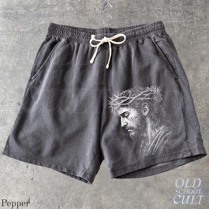 Jesus Portrait Y2k Fleece Sweat Shorts, Retro Crown of Thorns Washed Sport Shorts, Grunge Dyed Pants
