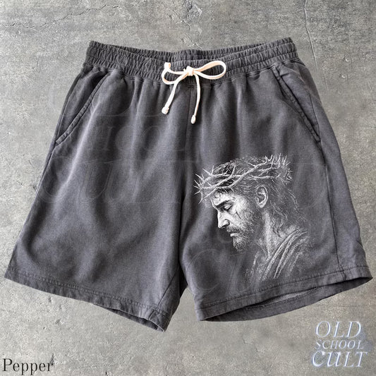Jesus Portrait Y2k Fleece Sweat Shorts, Retro Crown of Thorns Washed Sport Shorts, Grunge Dyed Pants